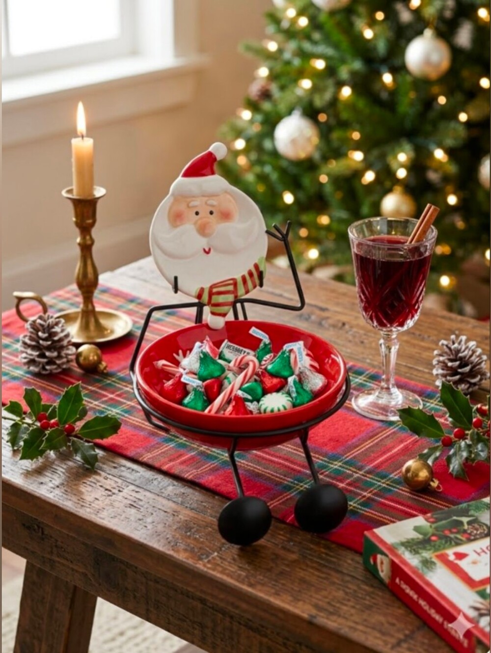 NWT! Ganz Red Ad White Santa Claus Ceramic Candy Dish Black Metal Base